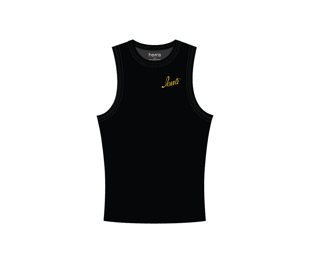 Black ribbed knit tank top with a gold Iowa script logo.