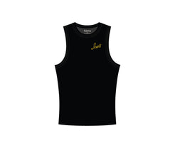 Black ribbed knit tank top with a gold Iowa script logo.